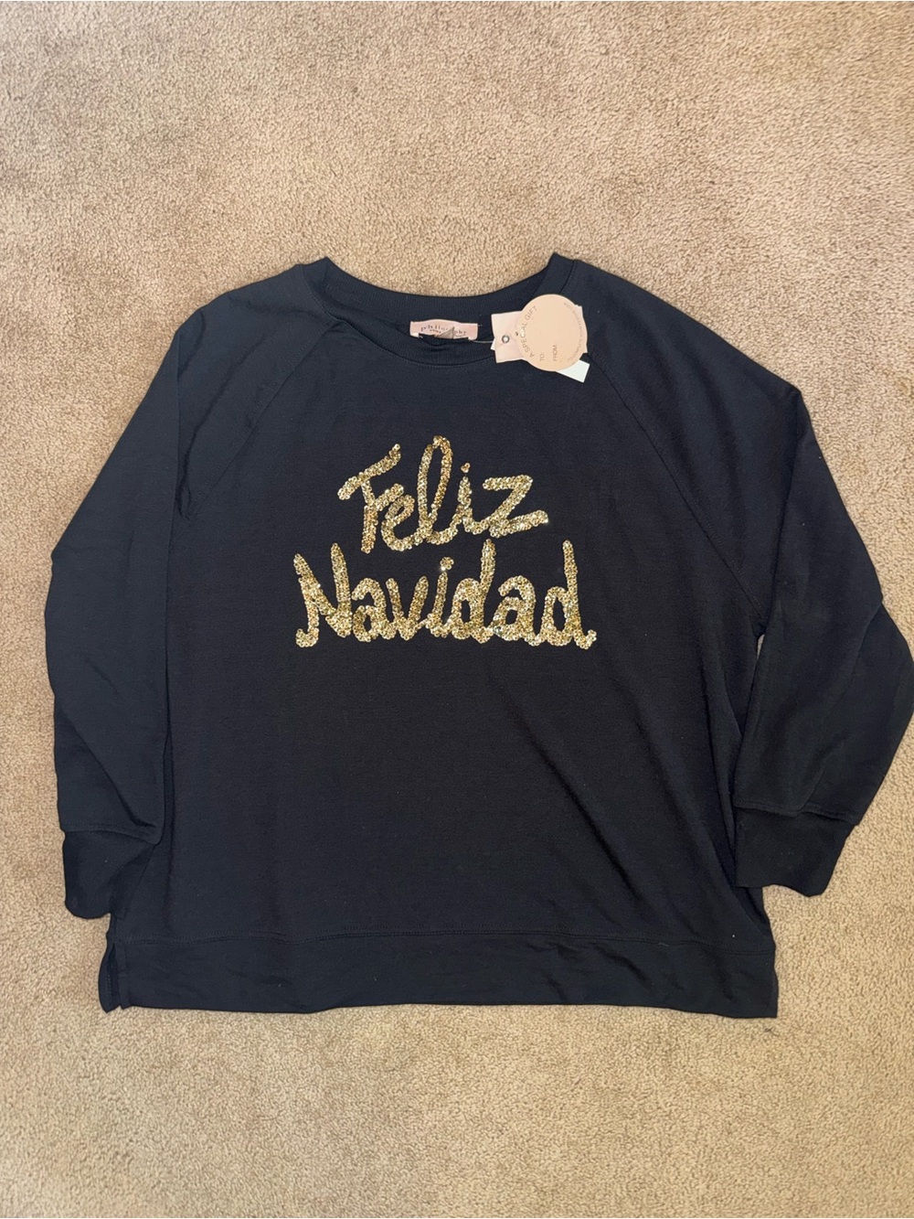 NWT Philosophy Black Sweatshirt with Gold Sequin 'Feliz Navidad' SEE FLAW